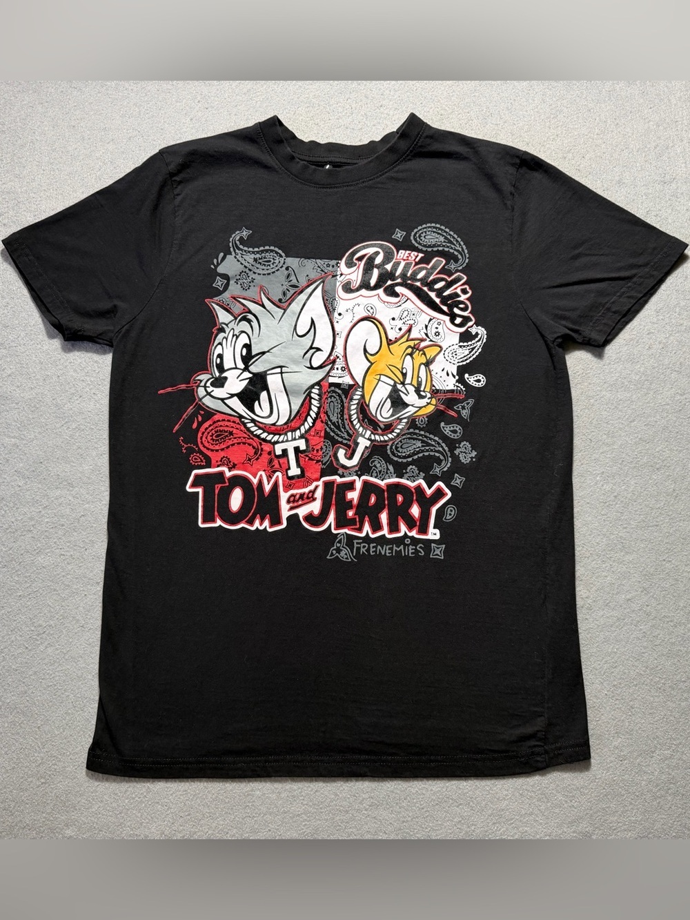 Tom & Jerry Best Buddies T-Shirt Men’s Large Black Paisley Bandana Graphic Tee